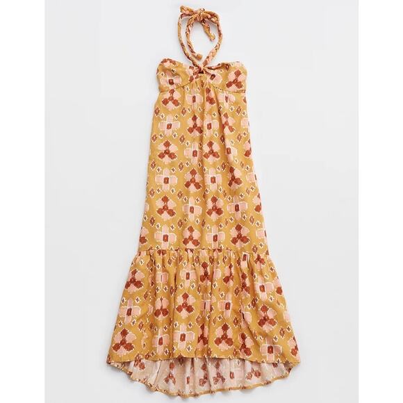 NWT Aerie High Low Halter Maxi Sundress Mustard Yellow Batik Linen Size XL - Picture 1 of 5